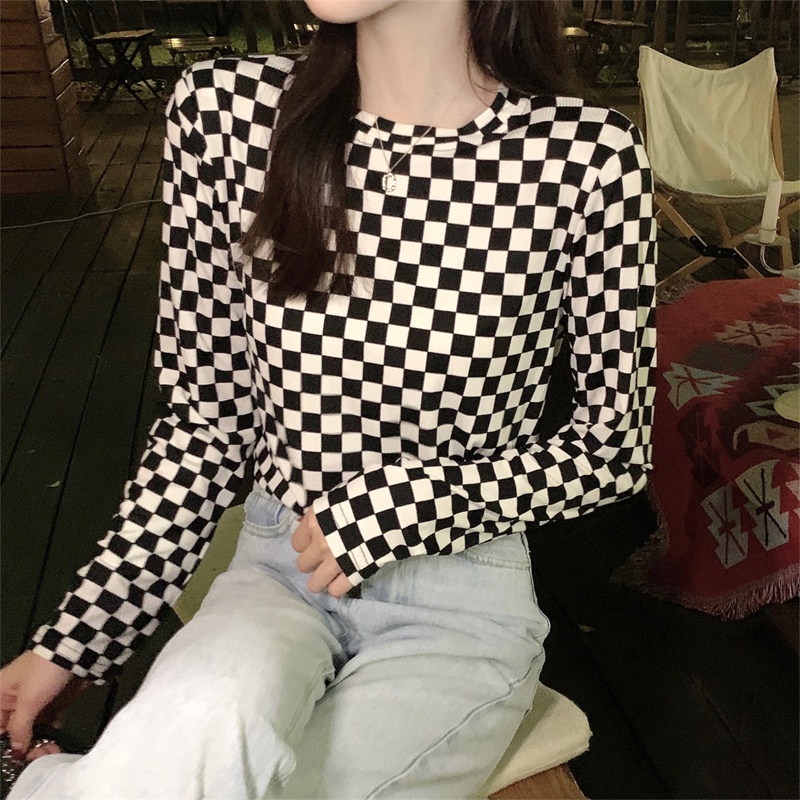 【ZHELIHANGFEI】Áo Thun Tay Dài Cổ Tròn Họa Tiết Sọc Caro Thời Trang