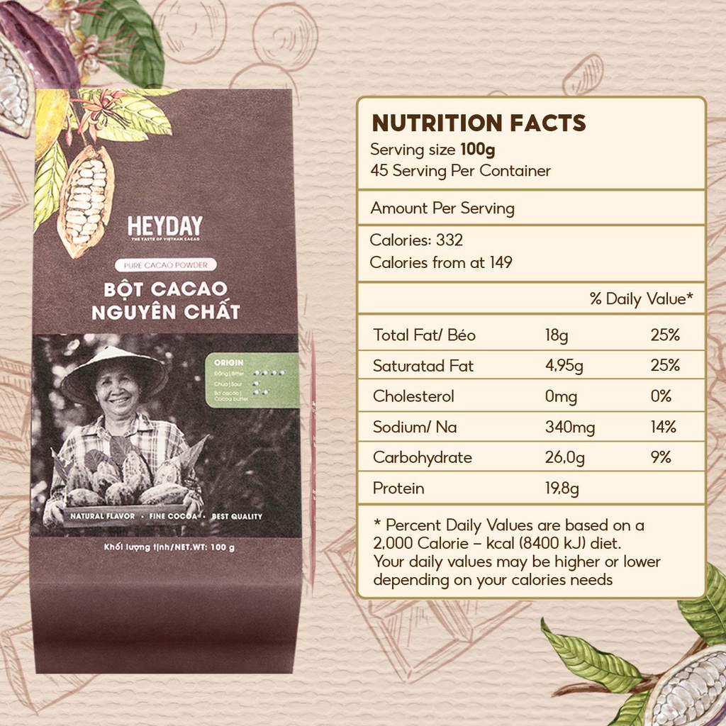 Bột cacao nguyên chất 100% không đường Heyday - Dòng Origin thượng hạng 100g - Chuẩn UTZ Quốc Tế