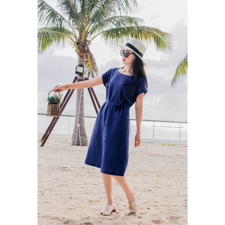 Váy linen cổ tròn- Đầm midi linen suông