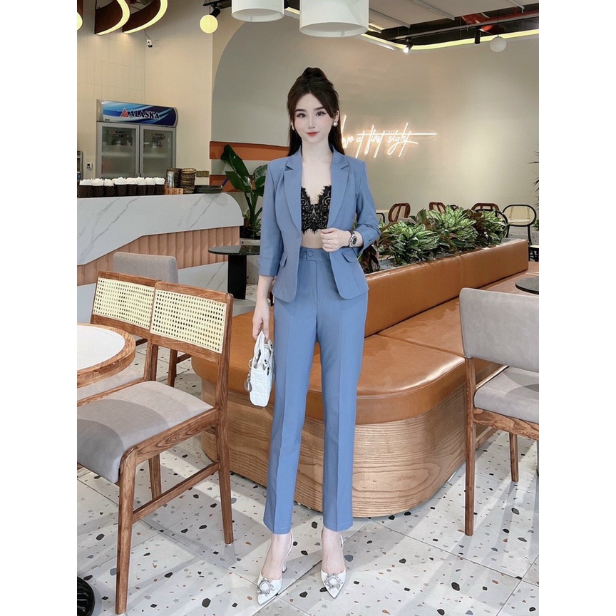 Set Vest nữ công sở trơn áo vest tay lỡ quần tây dài dáng baggy Bộ vest thiết kế MQ Boutique