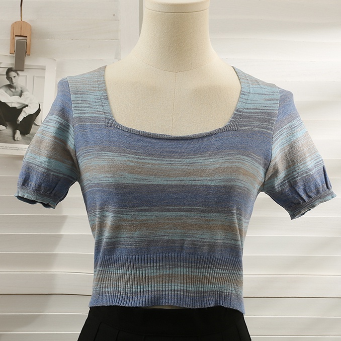 SUXI Áo Thun Tay Ngắn Cổ Vuông Họa Tiết Kẻ Sọc Thời Trang Mùa Hè Xinh Xắn Cho Nữ