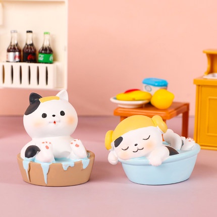 Set 6 mô hình mèo tắm rửa, mèo nhà tắm hơi nhiều biểu cảm đáng yêu đặt bàn làm việc, bàn học, quà tặng bạn bè người thân