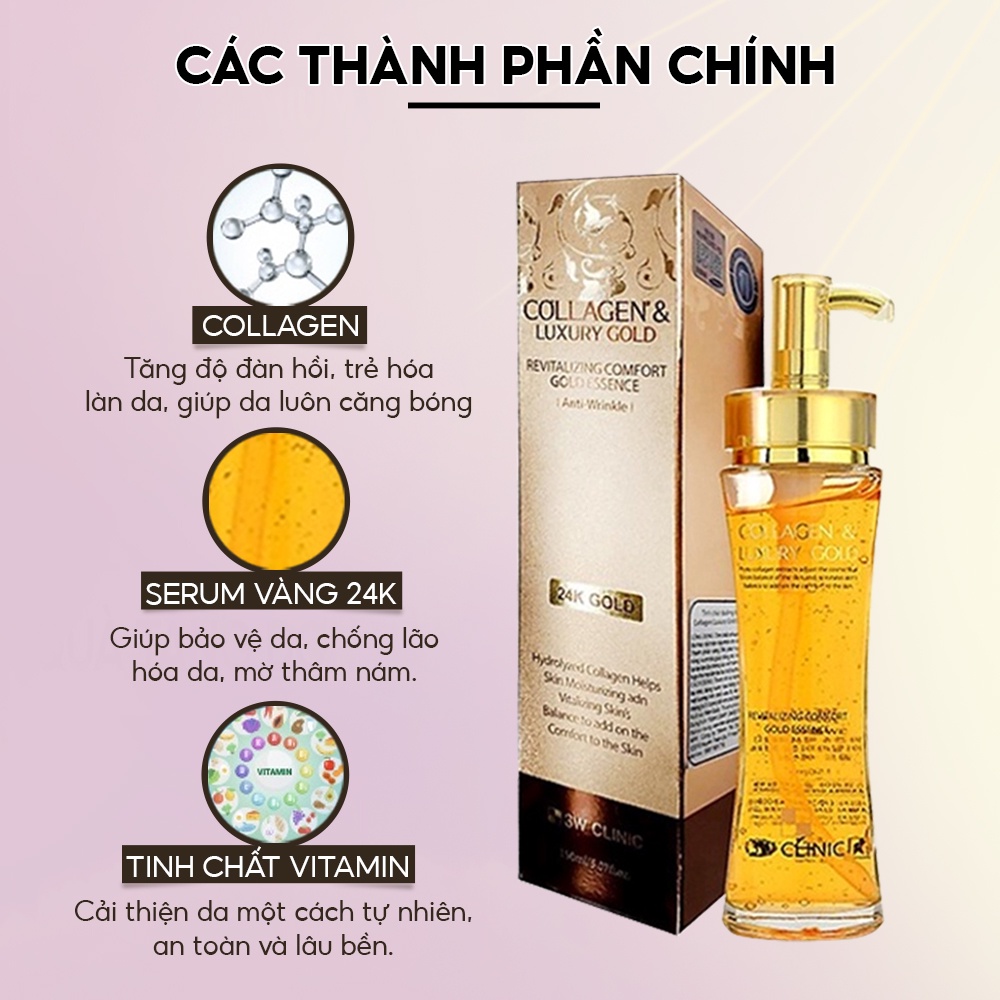 Serum vàng 24k dưỡng trắng da dưỡng ẩm Luxury Gold chống lão hóa căng bóng da 3W Clinic Hàn Quốc 150ml
