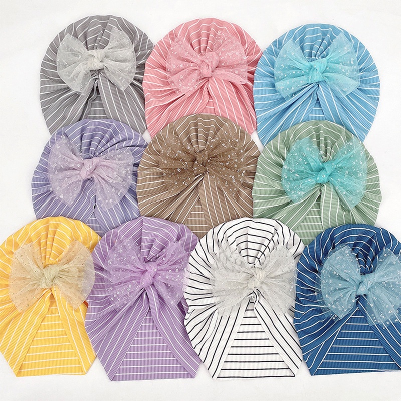 Mũ Beanie Dệt Kim Đính Nơ Phối Lưới Đính Kim Sa Dễ Thương Cho Bé