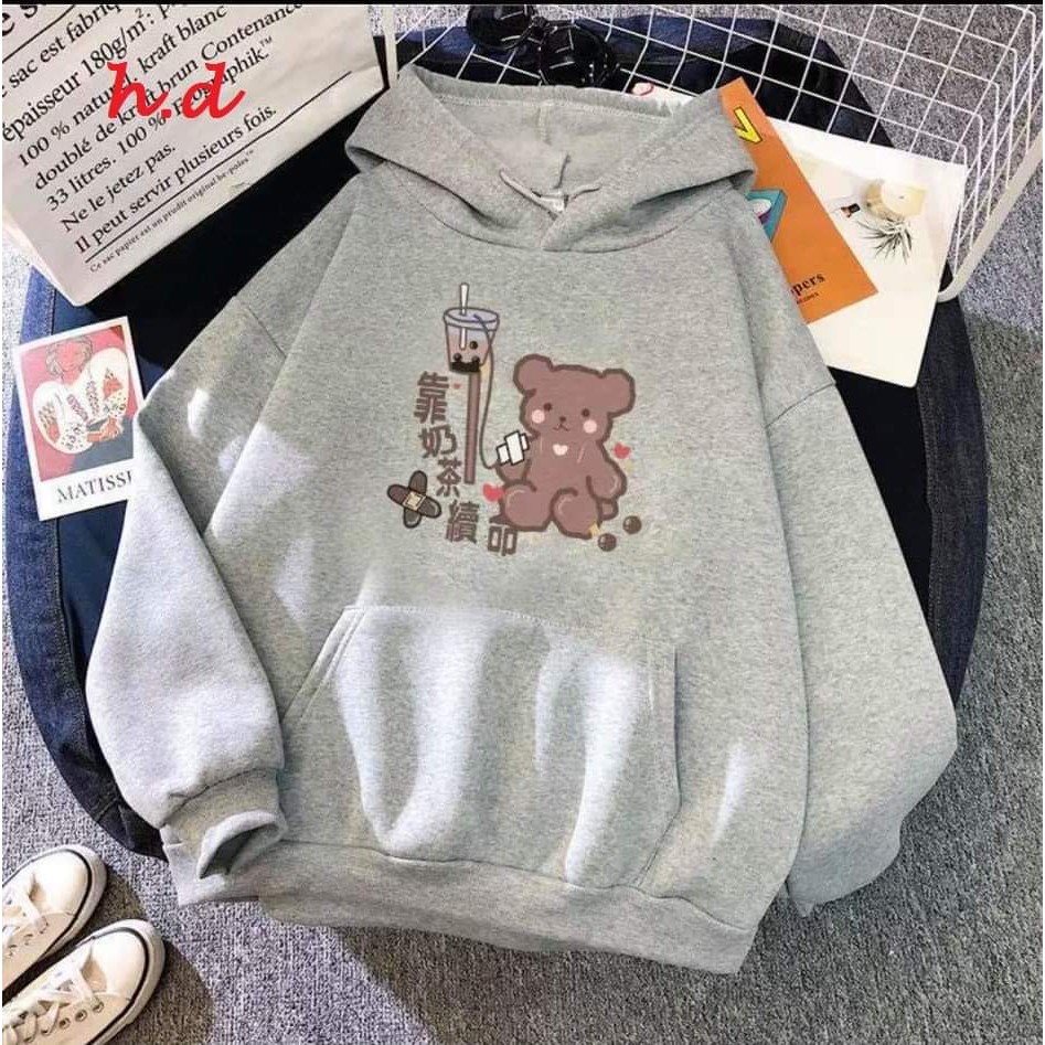 Áo hoodie gấu uống trà sữa HDA1120