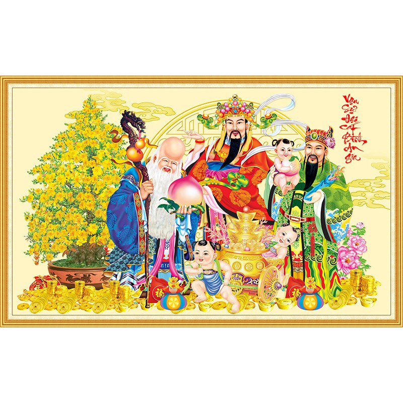 Tranh dán tường tự chọn HD Phúc Lộc Thọ hoa mai HUD0185K KT 120 x 75 cm phủ kim sa