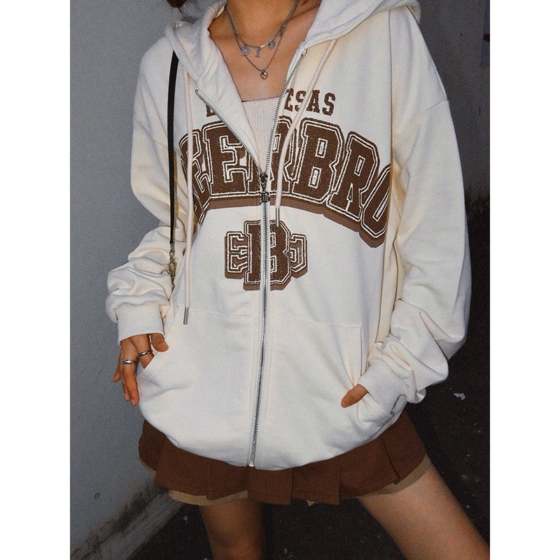 Áo Khoác Cardigan Có Mũ Trùm Bằng Vải Nỉ In Họa Tiết Phong Cách Retro Mỹ Thời Trang 2022 Mới Cho Nữ