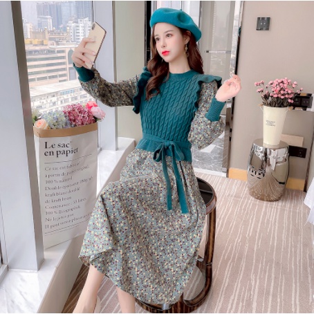 Váy thu đông nữ dáng xoè hoa nhí phối len đầm nhung chất đẹp 2021