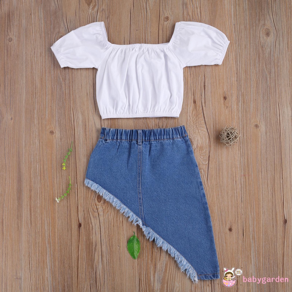 Áo Trễ Vai Ngắn Tay + Chân Váy Viền Ren Hợp Thời Trang Cho Bé Gái