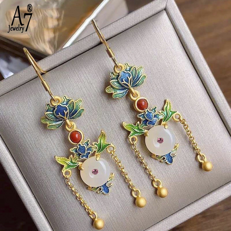 Bông Tai Bạc S925 Đính Ngọc Bích Trắng Phong Cách Cổ Điển Thanh Lịch Dành Cho Nữ A7