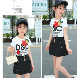 Set đầm áo phông thêu hoa