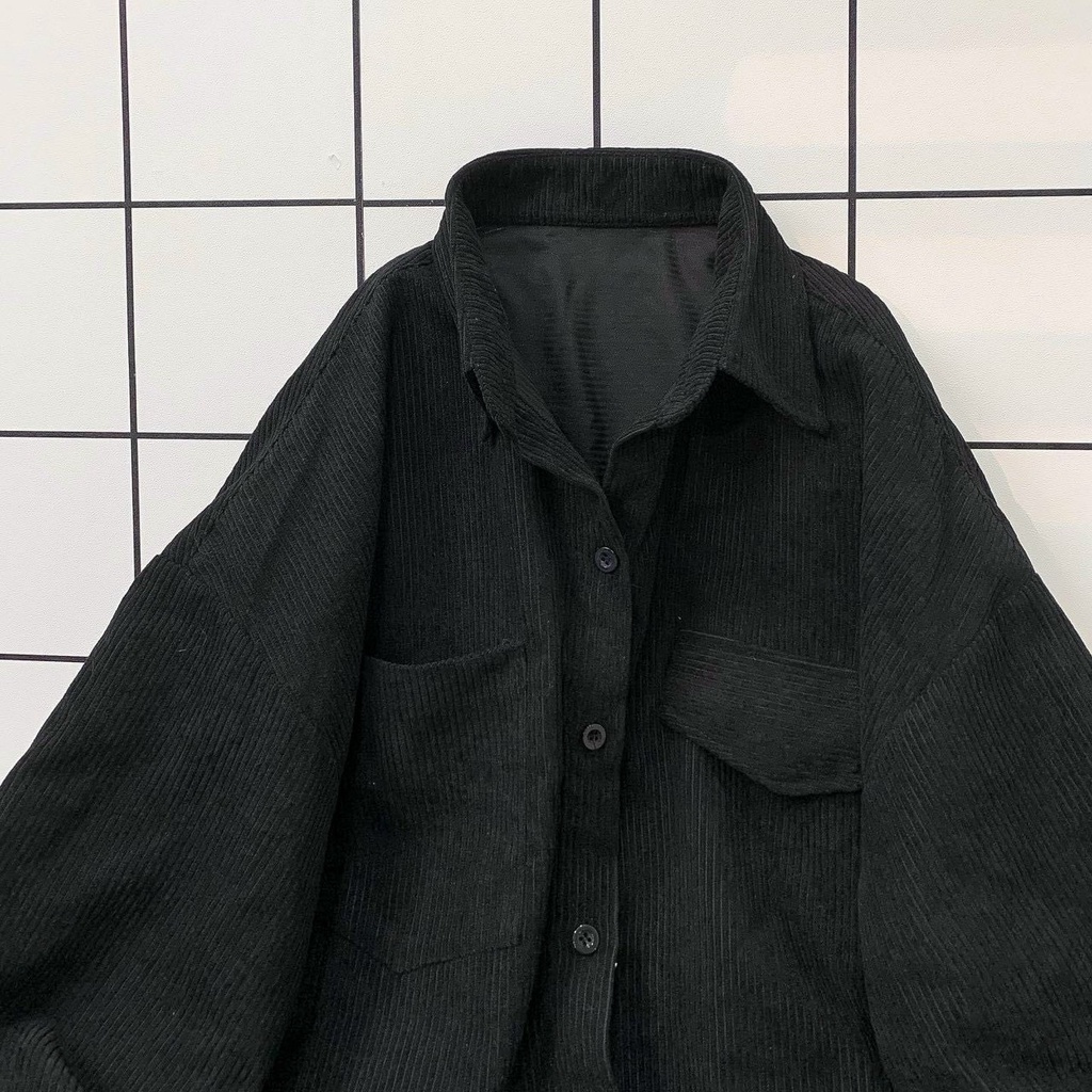 Áo Khoác Sơ Mi Nhung Gân Nam Nữ Unisex Nắp Túi 1 Bên Chất Dày Dặn Phong Cách Hàn Quốc