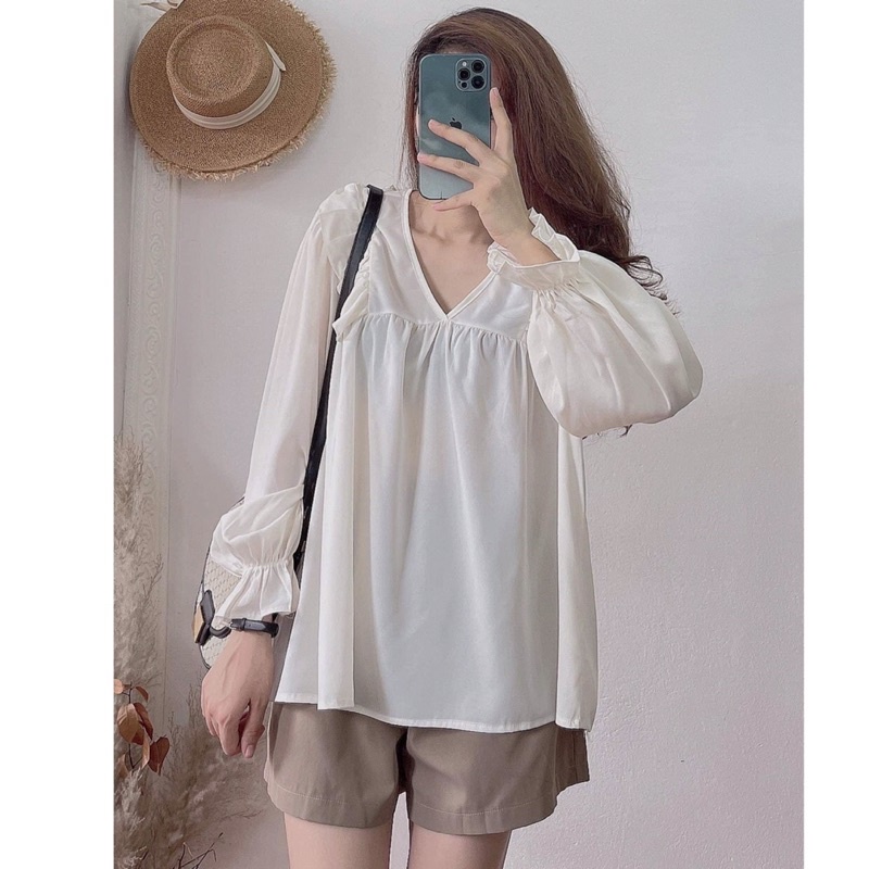 [Ảnh thật/Video]Set áo lụa nhúm bèo kèm quần nâu vintage Bộ đồ vintage nàng thơ | BigBuy360 - bigbuy360.vn