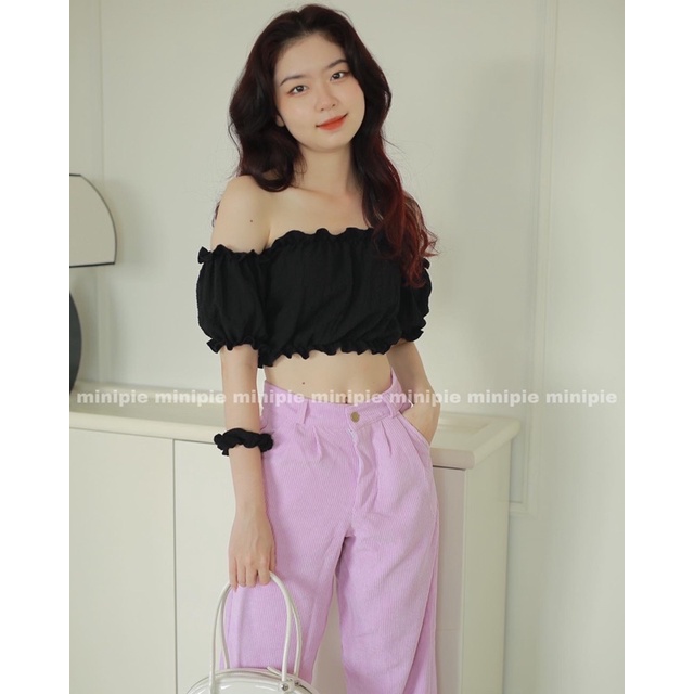 Áo Croptop Trễ Vai Tay Bồng Tiểu Thư Mùa Hè Màu Xanh bơ/Hồng Hot Pink/Đen - Minipie