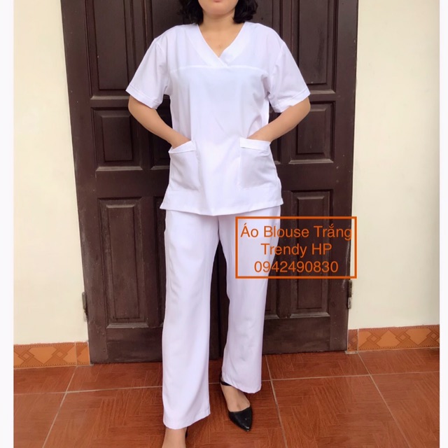 Bộ quần áo blouse trắng cổ tim nữ cộc tay cao cấp chất Lon Nhuyễn mát