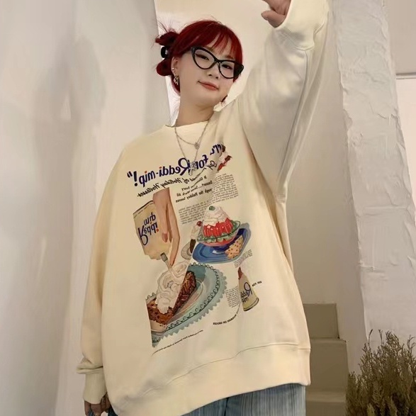 Áo sweater ZHELIHANGFEI tay dài cổ tròn in hình bánh hoạt hình phong cách retro Mỹ cho nữ