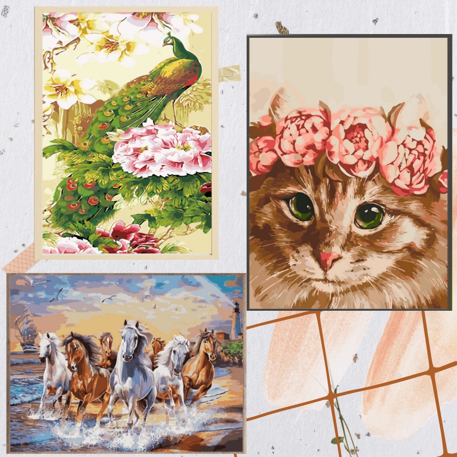 Combo 3 Tranh Sơn Dầu Số Hoá Tự Tô Màu Theo Số Mẫu Động Vật Chưa Căng Khung Kèm Màu Acrylic Kích Thước 40x50cm