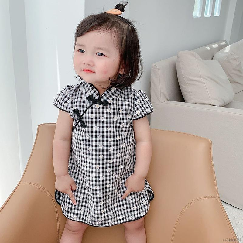 Đầm sườn xám tay ngắn in họa tiết tùy chọn màu sắc xinh xắn dành cho bé gái