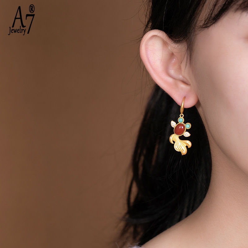 Bông Tai Mạ Bạc 925 Hình Cá Vàng/Đỏ/Xanh Ngọc Kiểu Pháp Cổ Điển