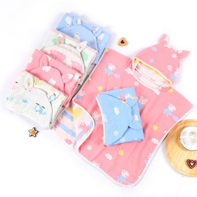 XẢ KHO  KHĂN CHOÀNG TẮM COTTON 6 LỚP CÓ MŨ