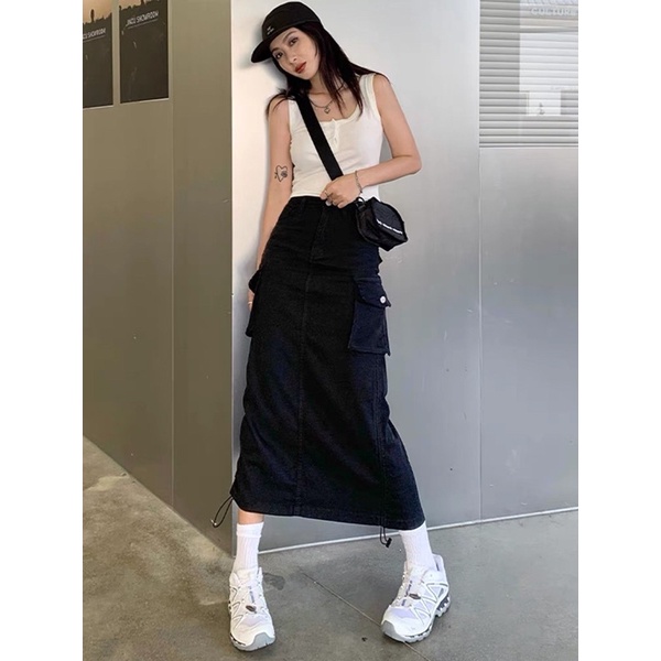 chân váy dài  kaki chữ A lưng cao túi hộp phối dây rút  phong cách Hàn quốc vintage