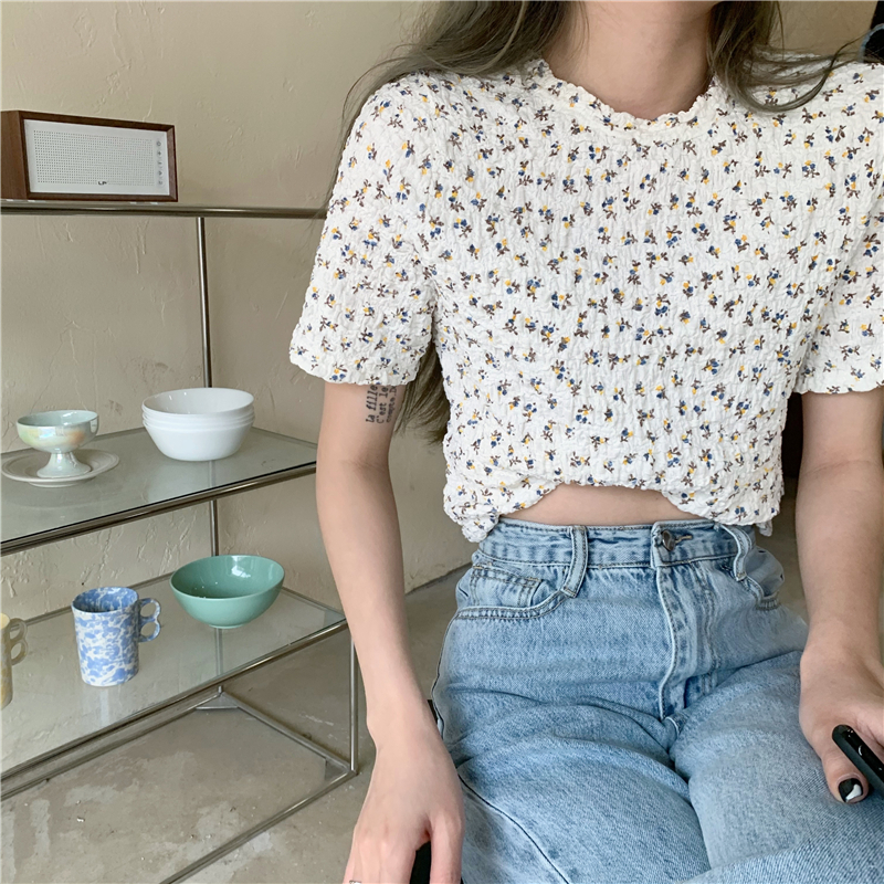Áo Kiểu Tay Ngắn Họa Tiết Hoa Xinh Xắn Phong Cách Hàn Quốc Dành Cho Bạn Gái