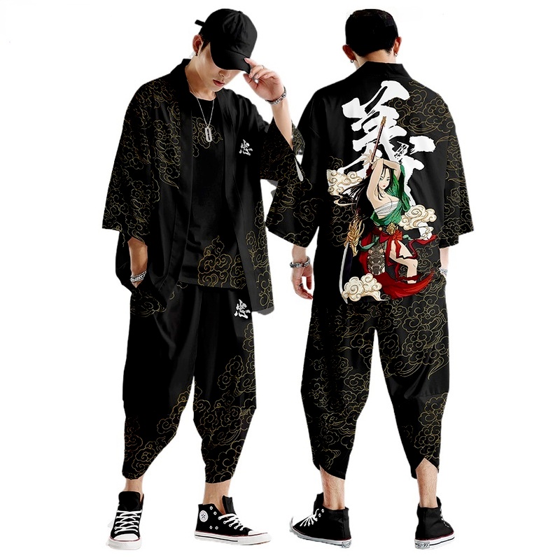 Set Áo Khoác Kimono + Quần Dài Dáng Rộng Phong Cách Nhật Bản Thời Trang Cho Nam Và Nữ Size S-5XL