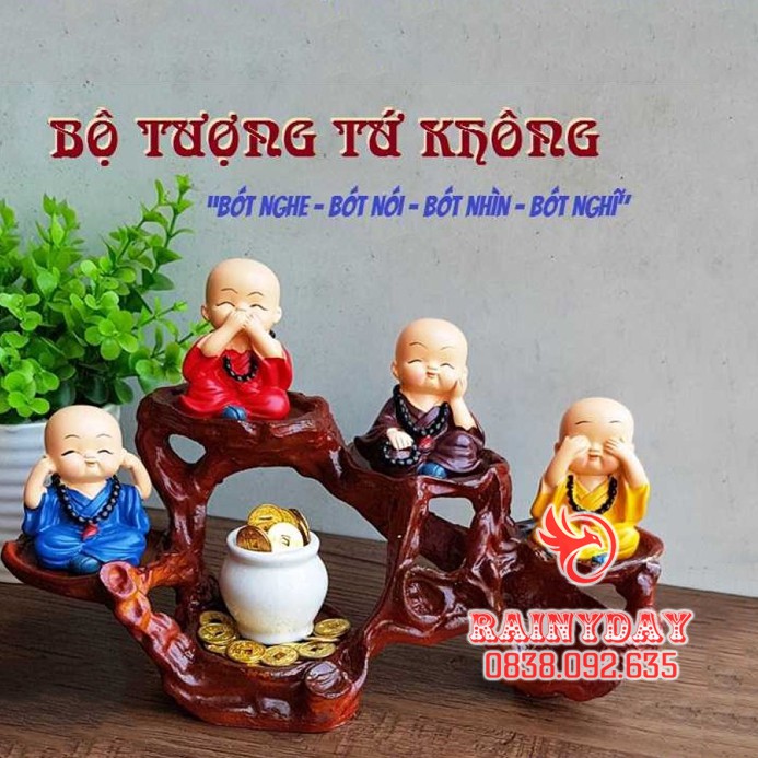 Bộ 4 tượng chú tiểu bốn hòa thượng tứ không mini để bàn làm việc đẹp bằng sứ an lạc