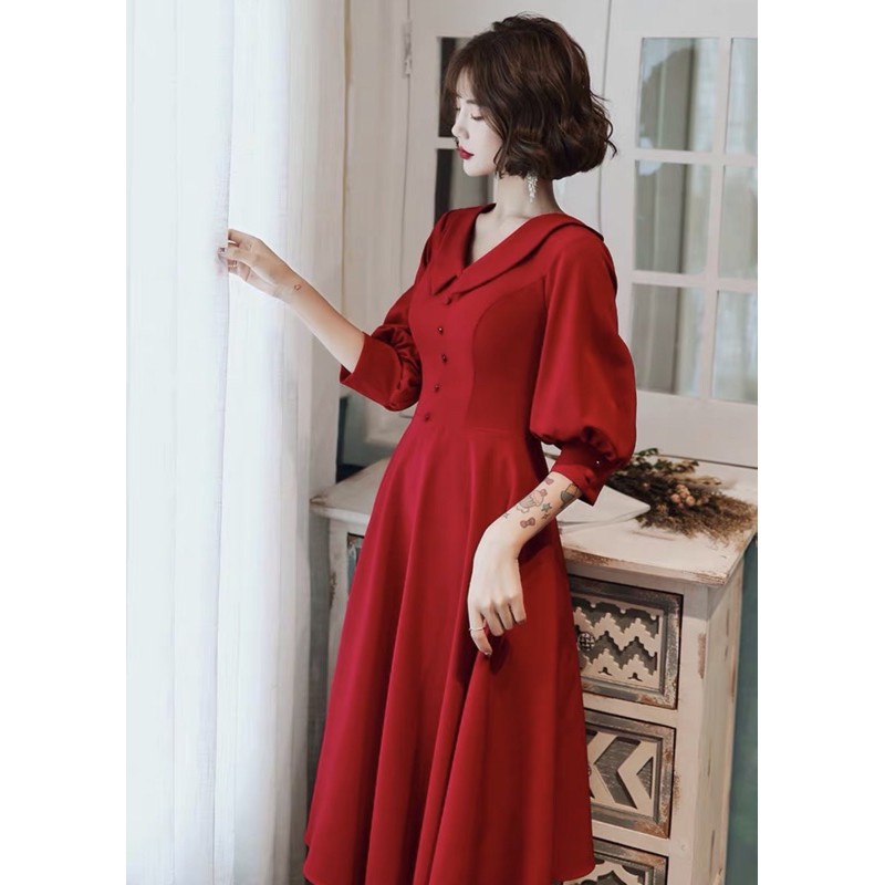 Váy Đầm Maxi đỏ cổ sen nút bọc Neppy Fashion