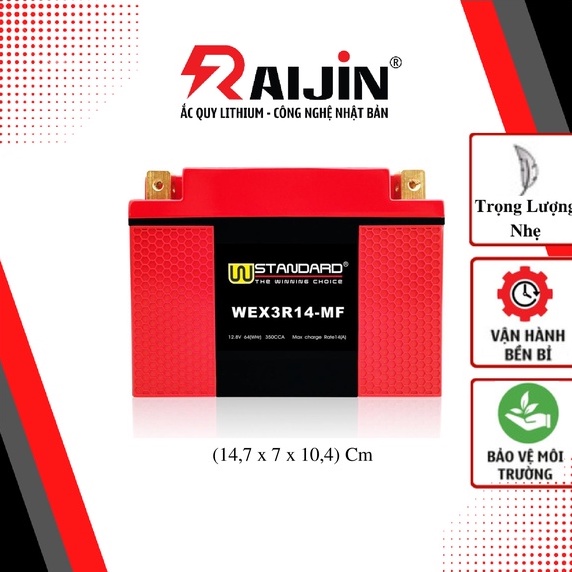 Bình ắc quy xe máy lithium WEX3R14-MF điện áp 12,8V 350CCA nhập khẩu USA dành cho xe mô tô dung tích xi-lanh lớn.