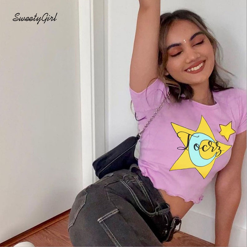 Áo Croptop Tay Ngắn Cổ Tròn In Họa Tiết Hoạt Hình Dành Cho Nữ