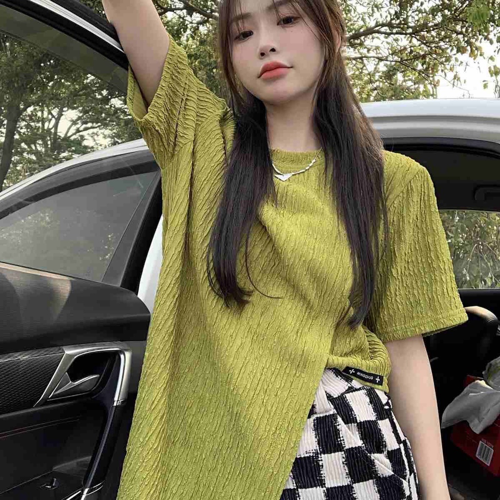 Áo Thun Tay Ngắn Dáng Rộng Xẻ Tà Thời Trang Mùa Hè Cho Nữ