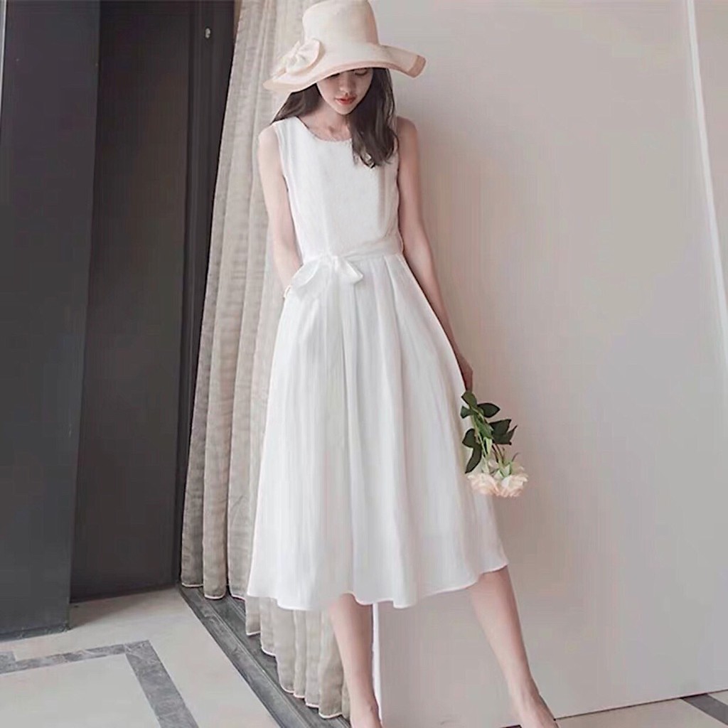 Đầm váy freesize trắng sát nách thắt eo