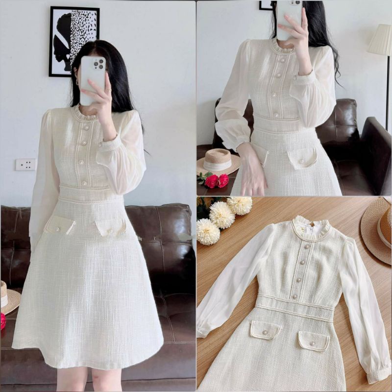VÁY DẠ TRẮNG 2 LỚP PHỐI TƠ ĐÍNH CÚC NGỌC