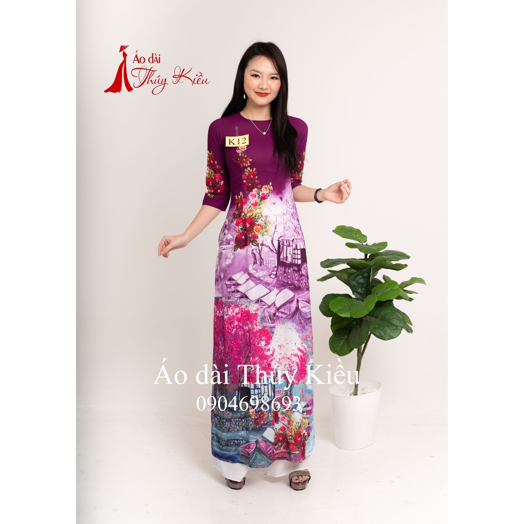Áo dài nữ truyền thống thiết kế may sẵn tết cách tân nữ tím phong cảnh K12 Thúy Kiều mềm mại co giãn áo dài giá rẻ
