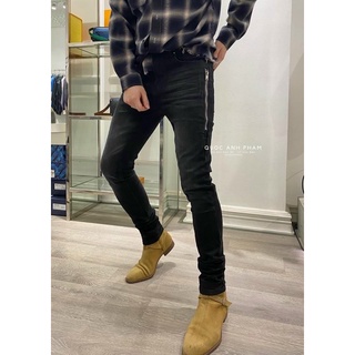 Quần bò nam amiri xanh khóa zip rách gối, quần bò xanh ống đứng.