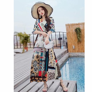 Đầm Maxi Nữ Tay Dài Họa Tiết Hoa Phong Cách Vintage