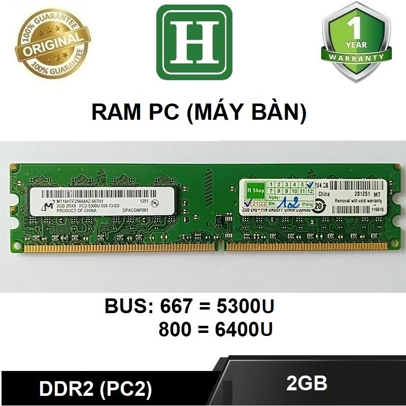 Ram PC DDR2 2GB bus 667 - 5300U, hàng tháo máy chính hãng, bảo hành 1 năm