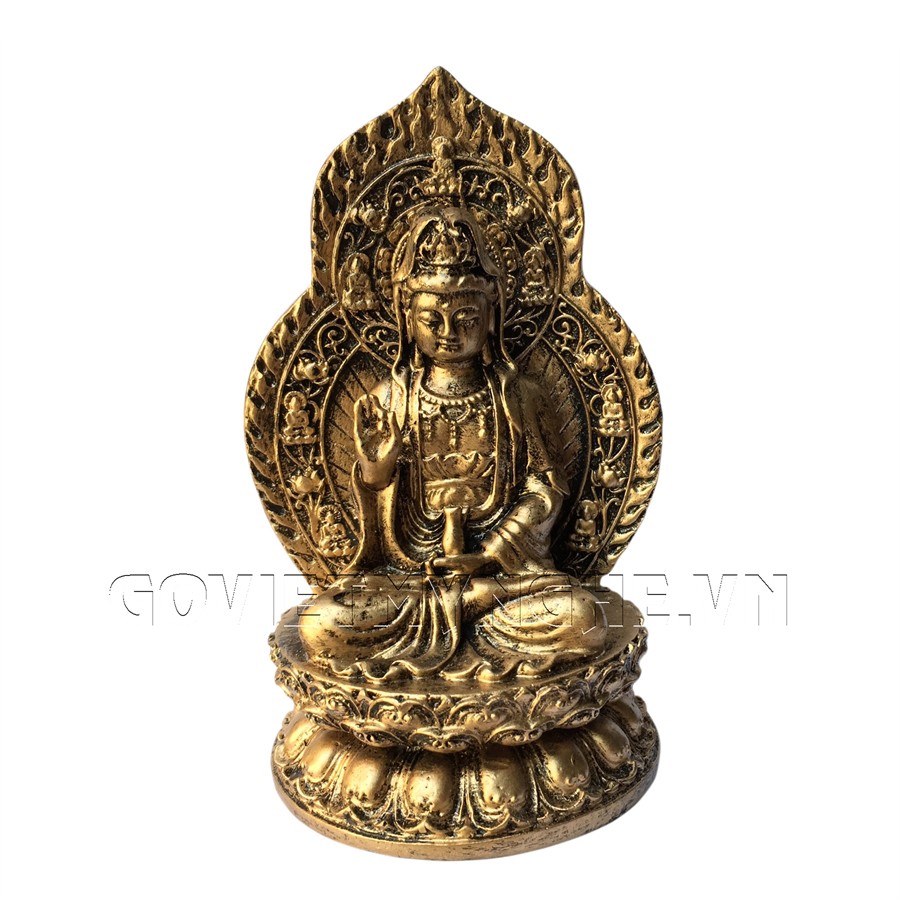 Tượng Đá Phật Quán Thế Âm Bồ Tát + Chữ Phật (Màu Nhũ Vàng)