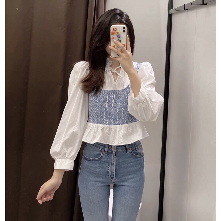 Áo SơMi Phối Dạ Tweet Xanh Cổ Bèo