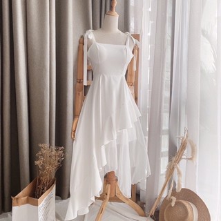 Đầm midi 2s nơ vai tà lệch