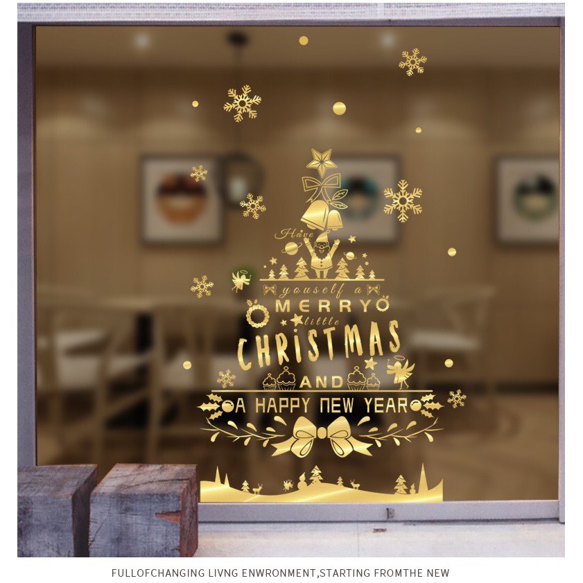 Decal trang trí tường Noel - Cây Thông Merry Christmas &amp; Happy new year ánh đồng cao cấp