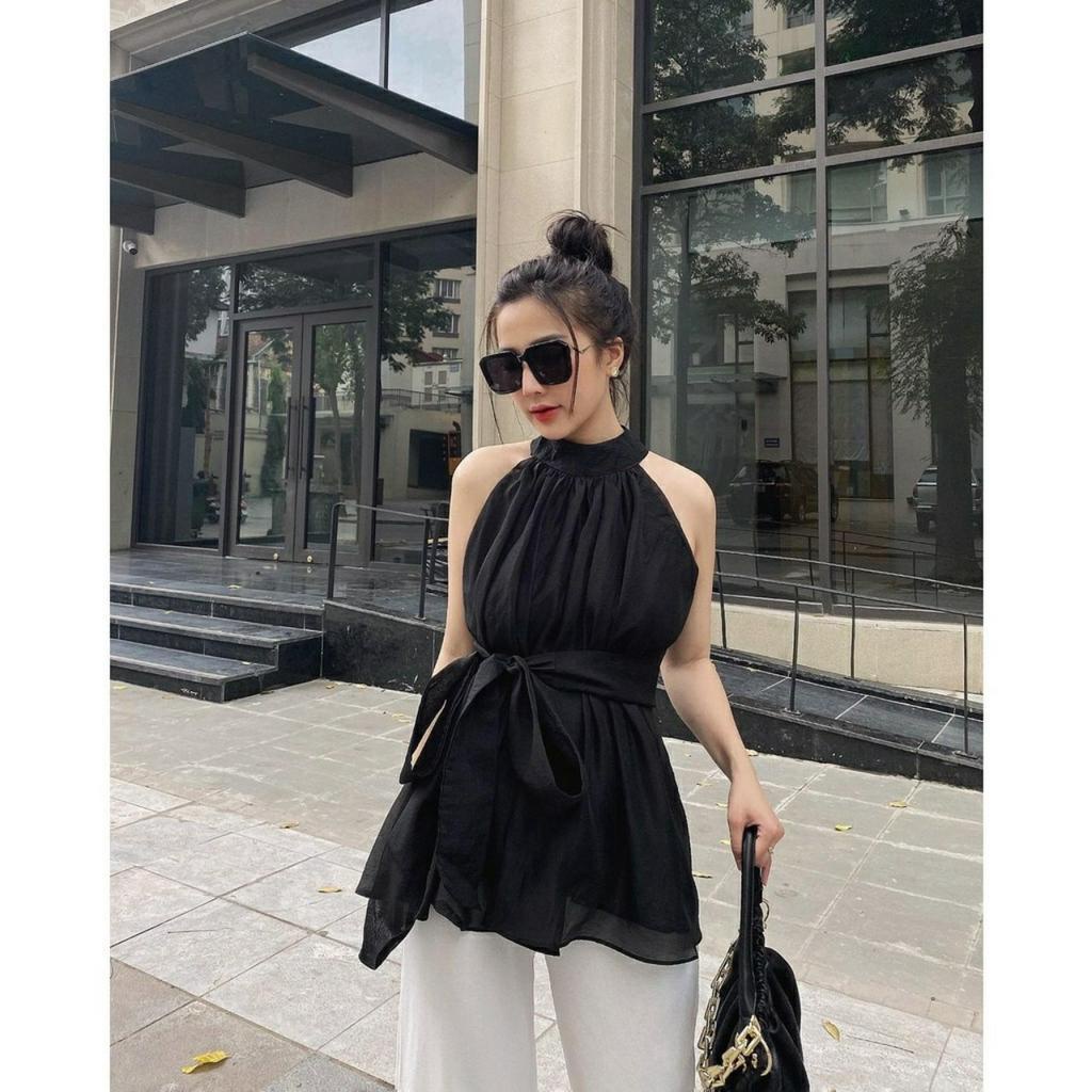 Áo kiểu nữ cổ yếm hở vai 2 lớp kèm dây đai, áo babydoll bánh bèo