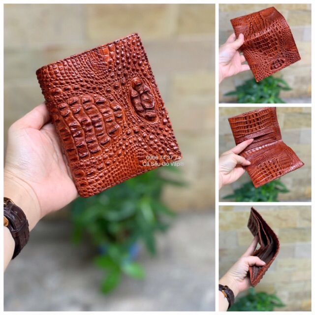 Ví Đứng 2 Măt Da Cá Sấu Gù Màu Nâu Đỏ CÁ SẤU GÒ VẤP