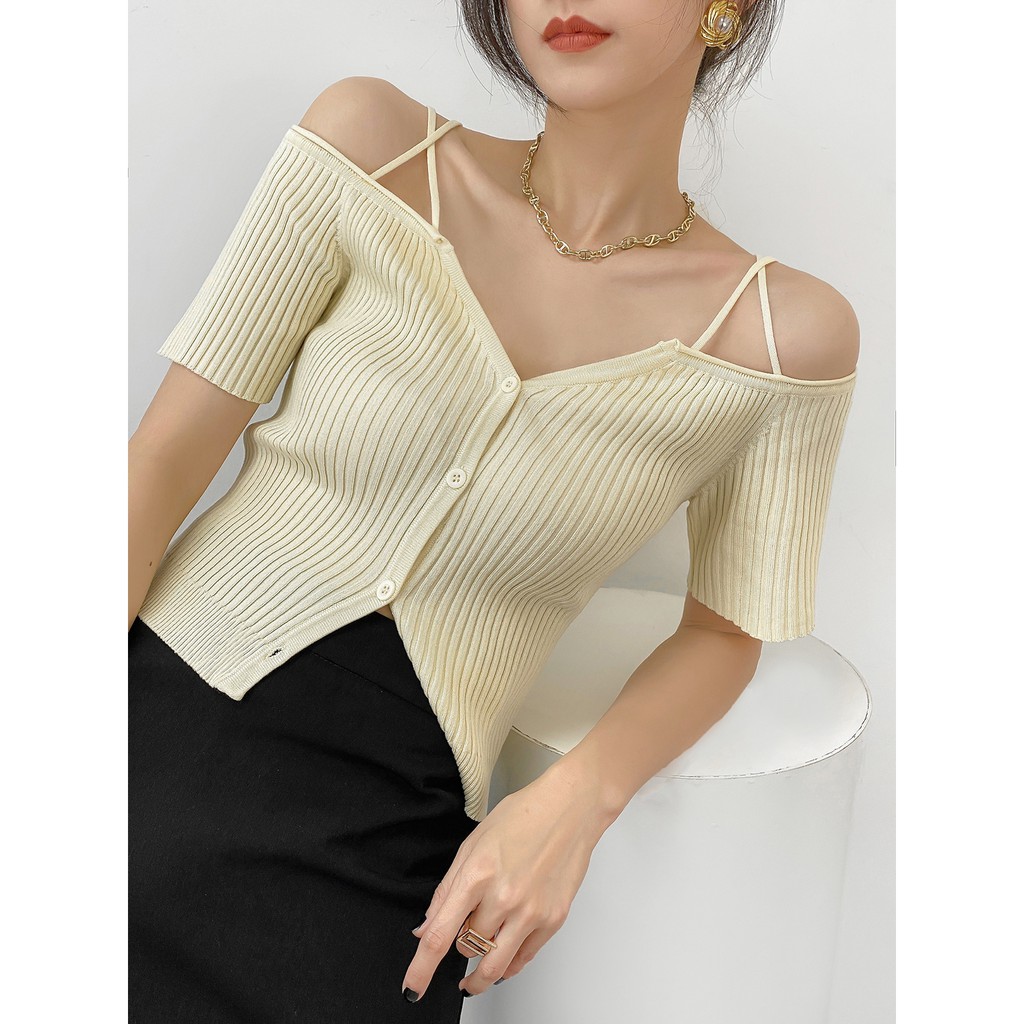 Cocory vn Áo croptop dệt kim tay ngắn trễ vai thiết kế ôm sát quyến rũ