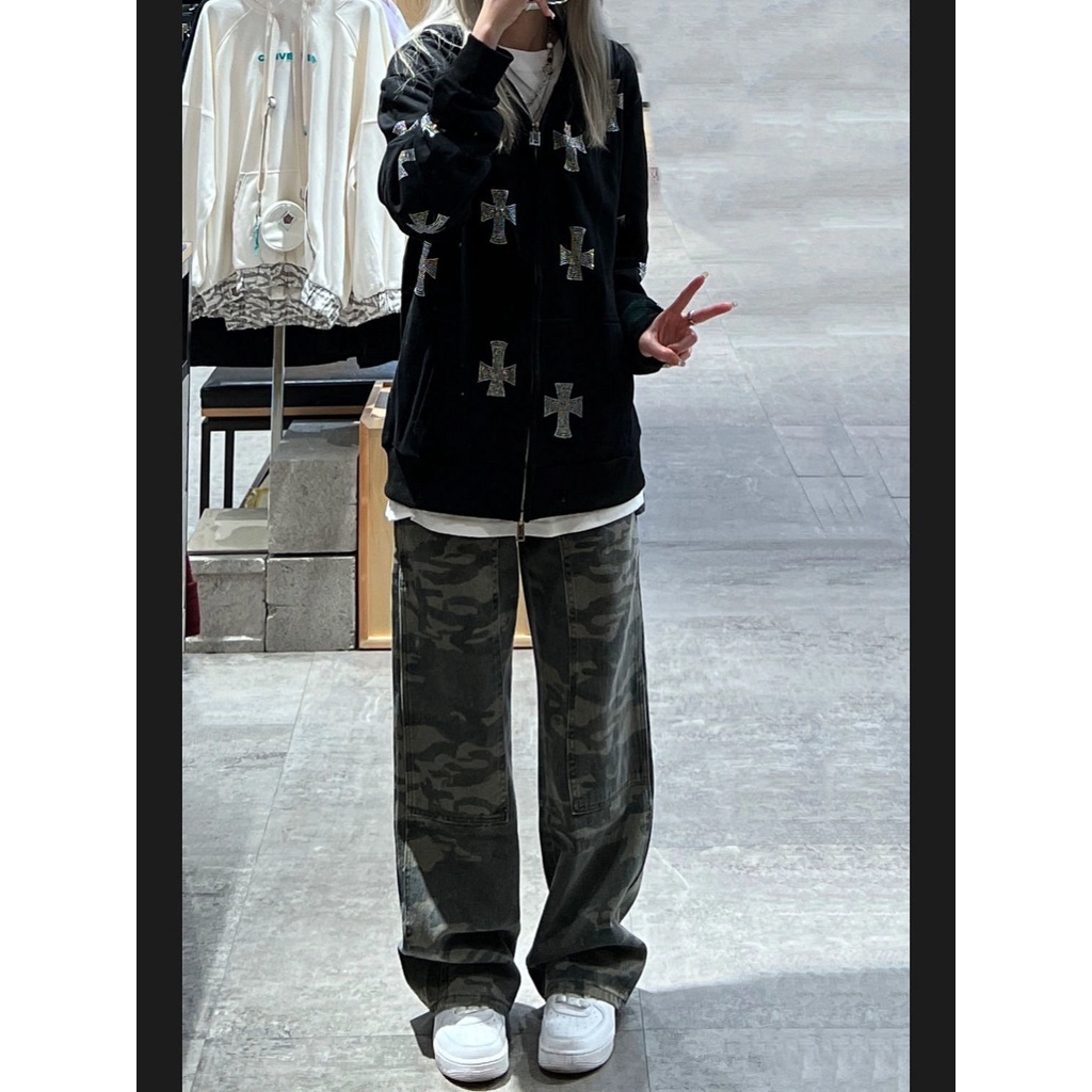 Quần Jean Nữ Lưng Cao Ống Rộng Họa Tiết Rằn Ri Thời Trang