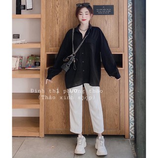 Áo sơmi đen Oversize túi hộp tay phồng (ảnh thật)