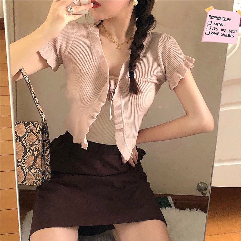 Áo Khoác Cardigan Dệt Kim Dún Bèo Xinh Xắn Cho Nữ