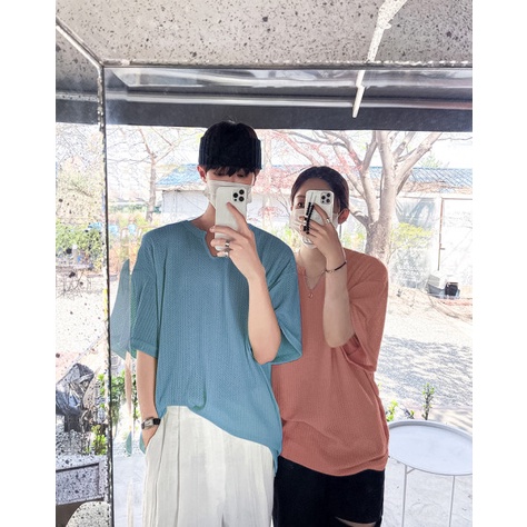 Áo tổ ong giọt lệ onesize dáng rộng unisex 🎁 Nana's House - FREESHIP 🎁 Phông cổ V dáng rộng oversize tay lỡ nam nữ