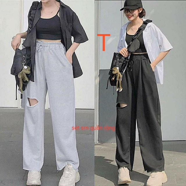 Sét ba sơ mi + áo dây và quần ống rộng rách TT12